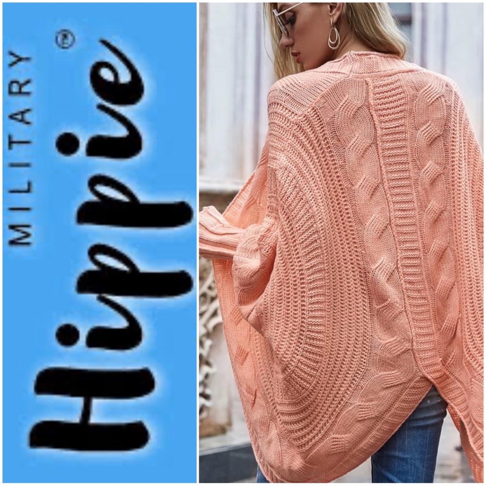 Military Hippie Peach Pink Cable Knit Cardigan Sweater One Size Small-Large!